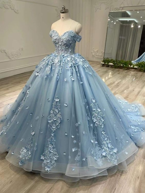 Vestido de baile azul de encaje con hombros descubiertos para mujer Y6764