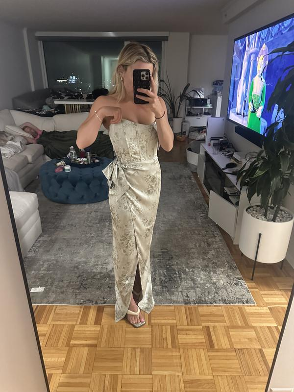 Vestido de fiesta de satén con corsé estampado fucsia y abertura frontal, vestido de noche formal Y8458