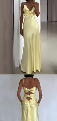 Simple Yellow V Neck Satin A Line Prom Dress Evening Dress Y8551