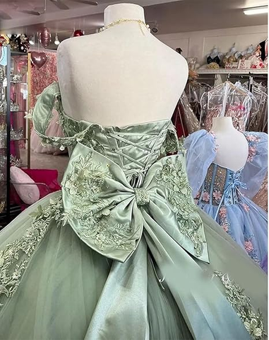 Vestido de quinceañera de tul y encaje con hombros descubiertos, vestido de baile con apliques verde oscuro Y4080