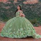 Vestido de quinceañera verde salvia claro, vestido de baile floral para concurso de belleza Sweet 16 Y2063
