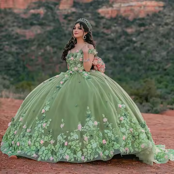 Vestido de quinceañera verde salvia claro, vestido de baile floral para concurso de belleza Sweet 16 Y2063
