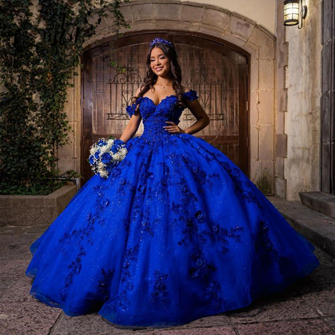 Vestido de quinceañera azul real para dulces 15 años, vestido de baile con hombros descubiertos y falda abullonada Y2726