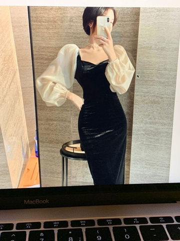 Vestido de noche de invierno elegante de terciopelo negro con cuello en V y pespuntes, estilo retro, cintura alta y mangas abullonadas Y5673