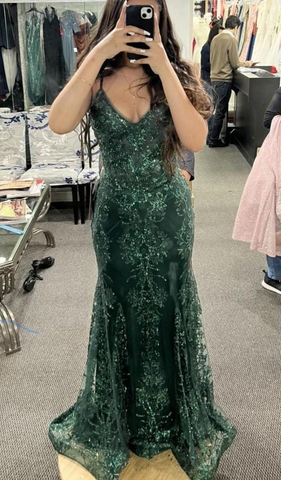 Vestido de noche largo de sirena con encaje verde oscuro y tirantes únicos Y7878