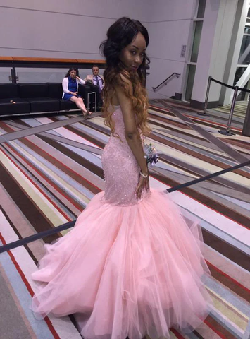 Robe de soirée élégante sirène/trompette rose sans manches en tulle Y1094