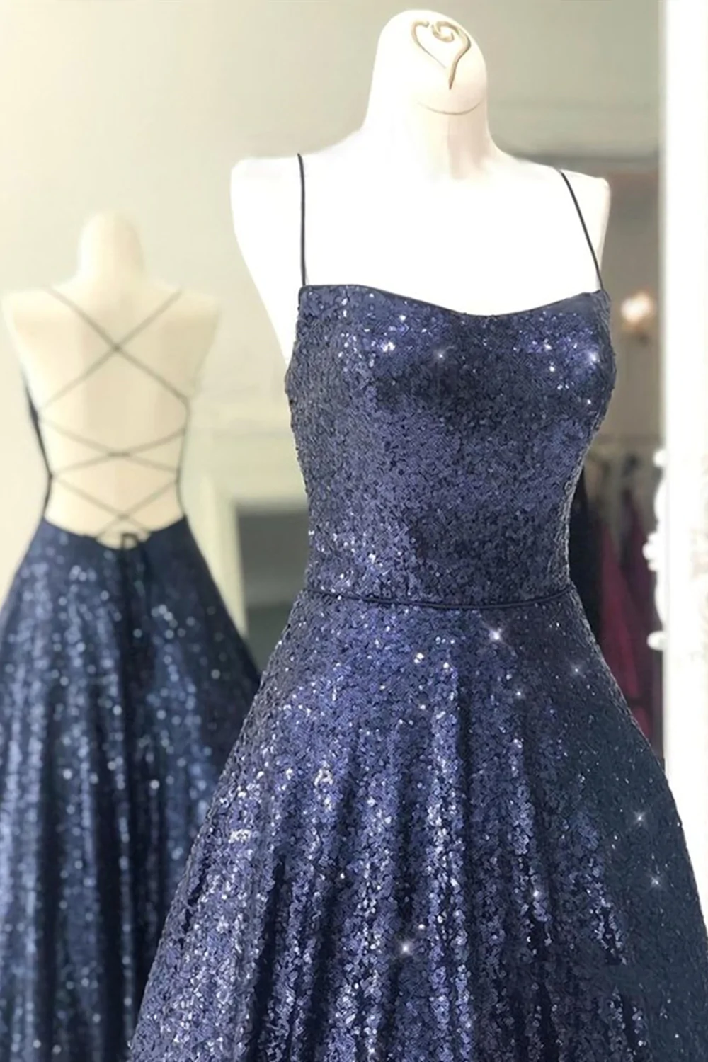 Vestidos largos de fiesta azul marino brillantes sin espalda, vestidos largos de noche formales azul marino con espalda descubierta Y875