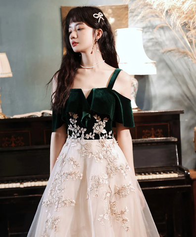 Vestido largo de fiesta verde de corte A con encaje y tul, vestido de noche formal verde Y1928