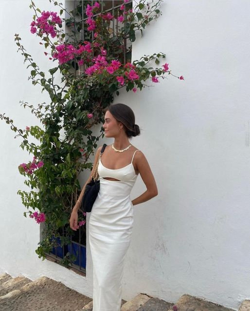Robe de soirée longue blanche à fines bretelles Y7201
