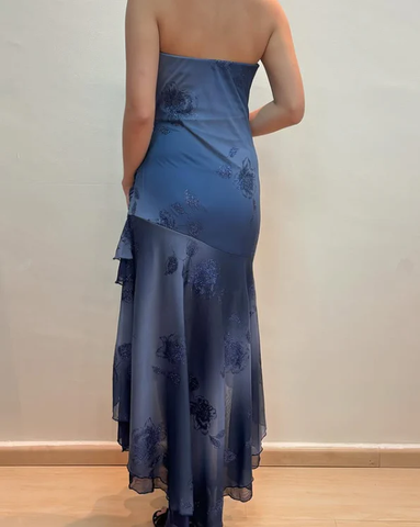 Vestido de noche de sirena azul marino sin tirantes y con volantes, modelo Y7811