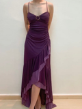 Vestido de noche sirena de gasa con tirantes vintage y volantes, vestido de fiesta formal Y7877