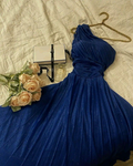 Vestido de fiesta azul brillante de un solo hombro, vestido de noche azul Y4635