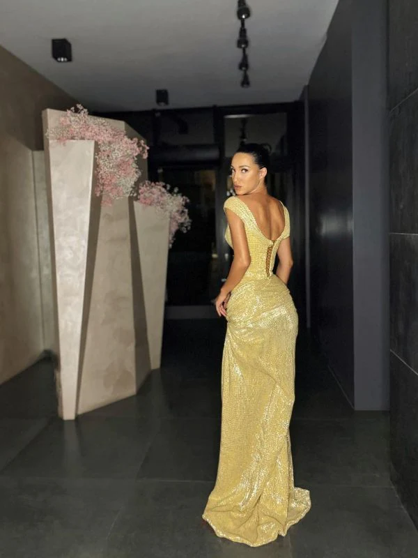 Robe de soirée fendue sans manches à sequins Y4279