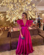Robe de soirée élégante fuchsia à col en V pour femme Y5036