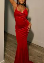 Robe de soirée sirène en velours rouge à fines bretelles rouges Y7816