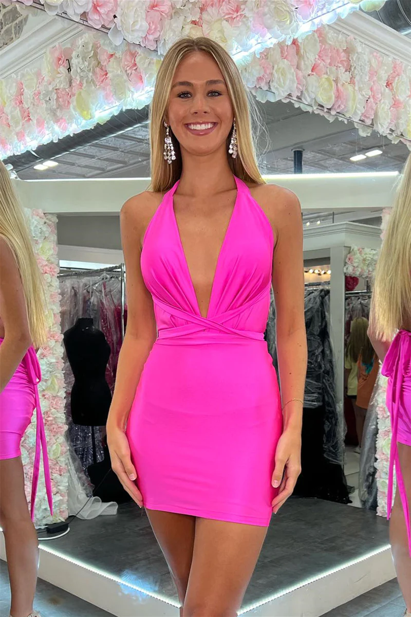 Vestido de fiesta de satén con escote en V pronunciado y cuello halter Y2867