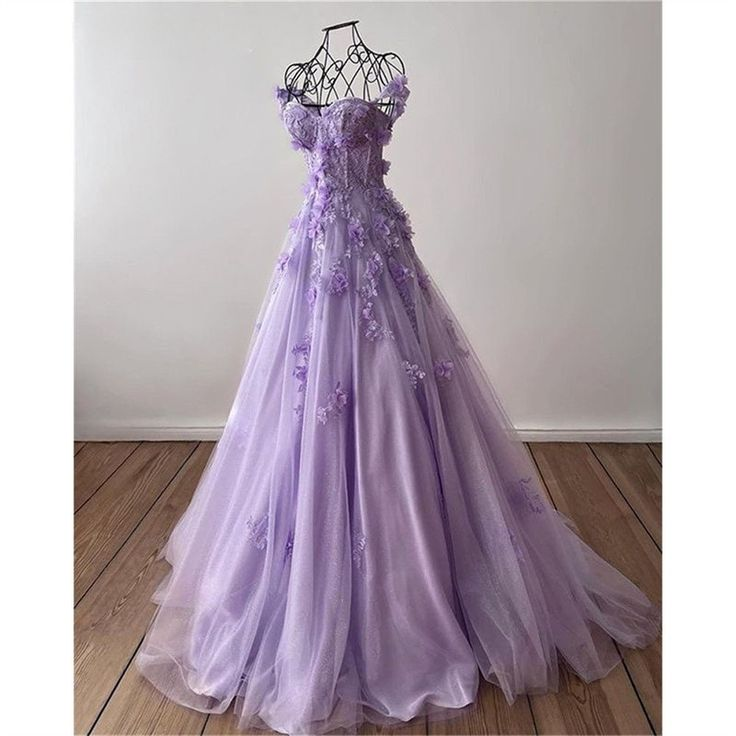 Vestido de noche de tul corte princesa con flores 3D / Vestido de graduación morado hecho a mano Y4677