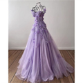 Vestido de noche de tul corte princesa con flores 3D / Vestido de graduación morado hecho a mano Y4677