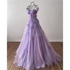 Vestido de noche de tul corte princesa con flores 3D / Vestido de graduación morado hecho a mano Y4677