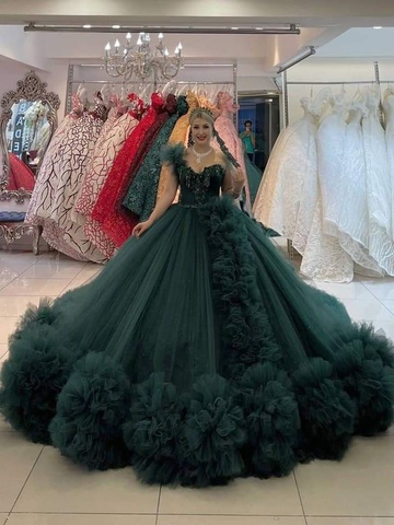 Vestido de baile de tul verde de lujo, vestido para quinceañera Y6576