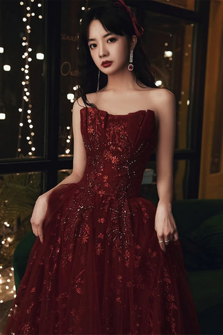 Robe de soirée longue bordeaux en dentelle florale et tulle, robe de cocktail, robe de cérémonie Y1661