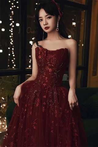 Wine Red Floral Lace and Tulle Long Evening Gown Party Dress Burgundy Formal Dresses Y1661