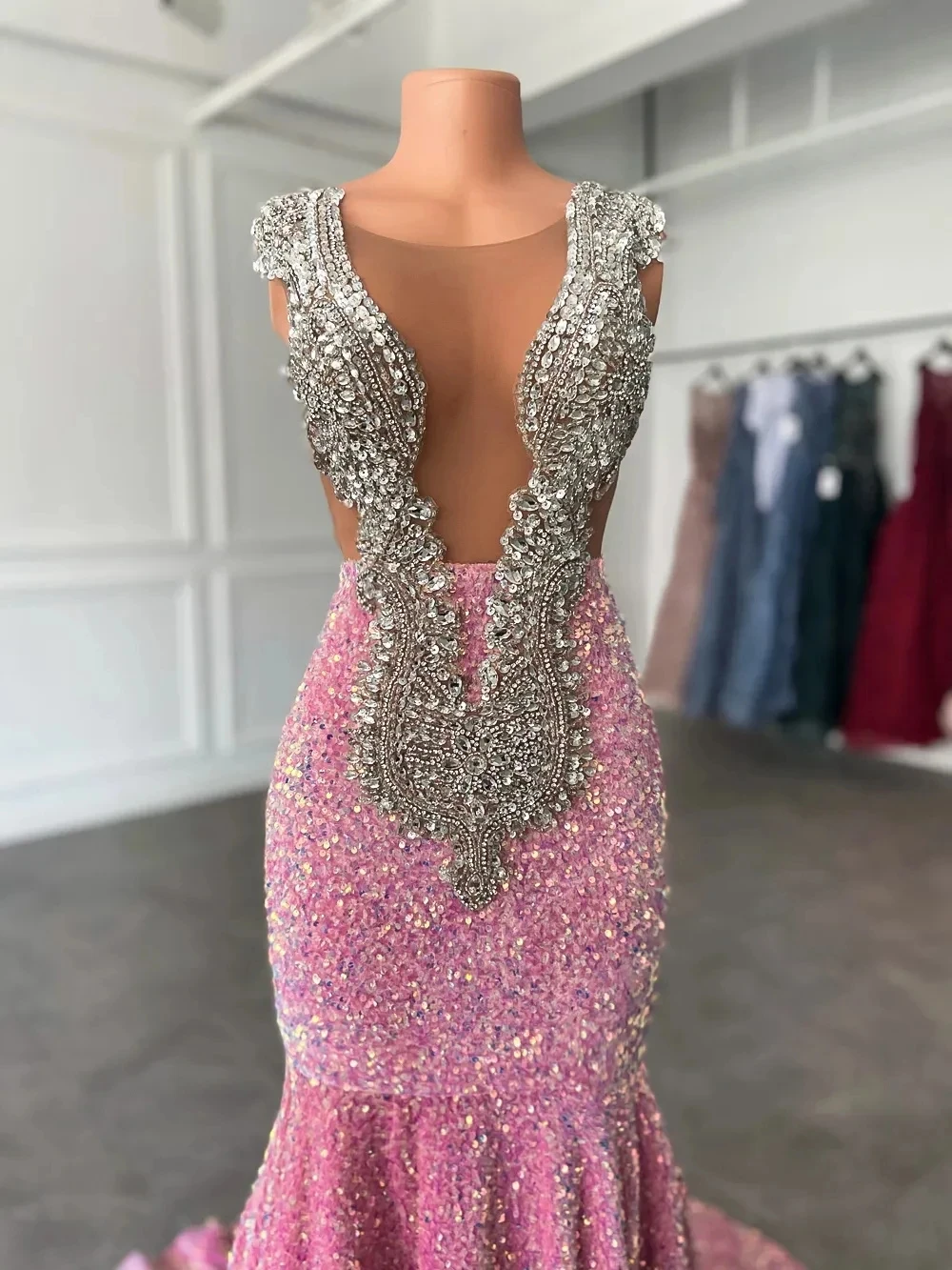 Vestidos de graduación rosa brillante, vestido de noche de sirena rosa con lentejuelas sexys para concursos de belleza Y477
