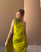 Vestido largo de fiesta sexy estilo tubo, color verde oliva, con un solo hombro, modelo Y8009