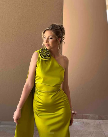 Vestido largo de fiesta sexy estilo tubo, color verde oliva, con un solo hombro, modelo Y8009