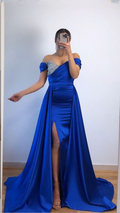 Vestido de noche azul real con hombros descubiertos y abertura, estilo concurso de belleza Y6005