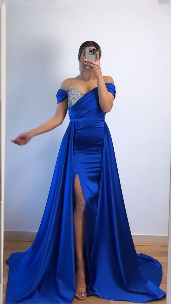 Vestido de noche azul real con hombros descubiertos y abertura, estilo concurso de belleza Y6005
