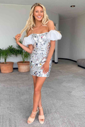 Off the Shoulder Silver Cut Glass Mirror Homecoming Dress Y1919