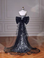Black Glitter Sequins Tulle Mermaid Prom Dress Strapless Evening Dress With Bow Y8615