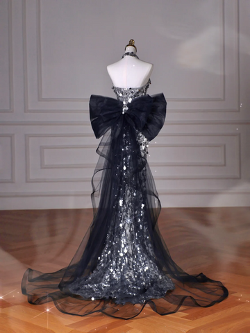 Robe de bal sirène en tulle à paillettes noires, sans bretelles, avec nœud Y8615