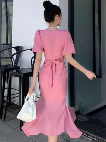 Classy Pink Puff Sleeves Mid-length Prom Dress Pink Evening Dress Y7113