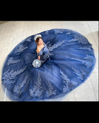 Robe de quinceañera bleu marine à épaules dénudées en tulle et dentelle, robe de bal bleu marine pour les 15 ans (Y2985)