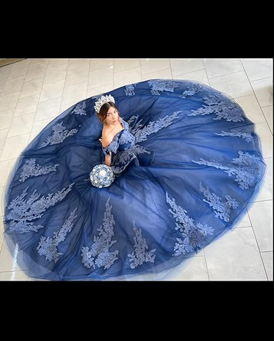Vestido de quinceañera azul marino con hombros descubiertos, tul y encaje, vestido de baile azul marino para quinceañera Y2985