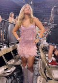 Vestido sexy de mujer con plumas brillantes y borlas, vestido rosa de lentejuelas con flecos para baile estilo años 20, vestido formal de verano, vestido rosa para fiesta de bienvenida Y2470