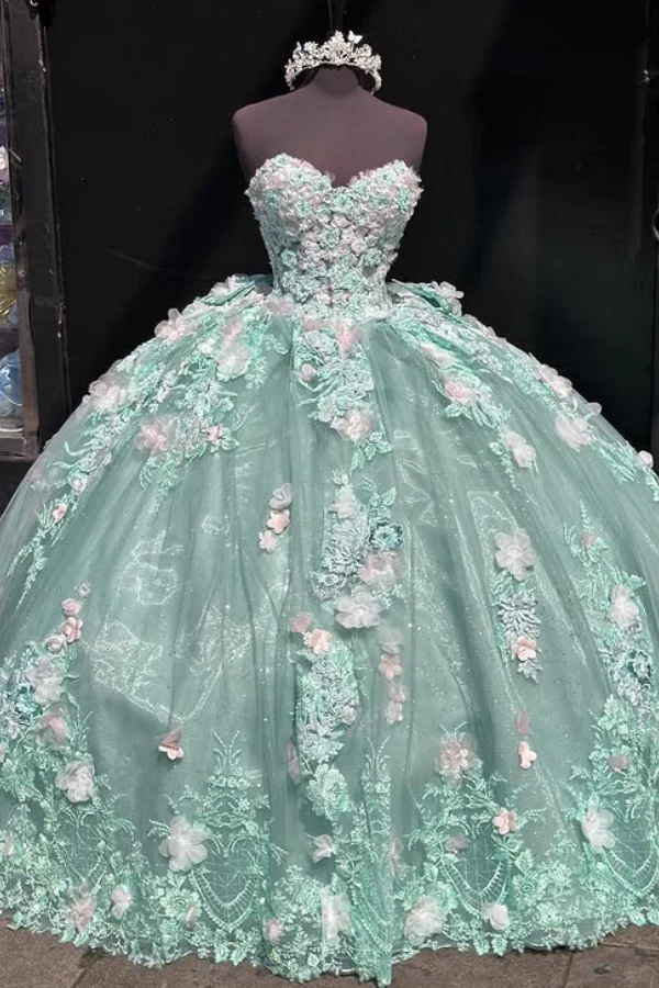 Vestido de baile encantador sin tirantes con apliques de encaje, vestido verde de corte A para cumpleaños o quinceañera Y8246