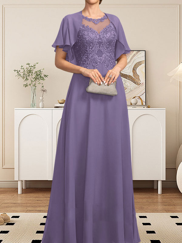Robe de mère de la mariée en mousseline de dentelle, coupe trapèze, décolleté illusion, longueur au sol, ornée de sequins