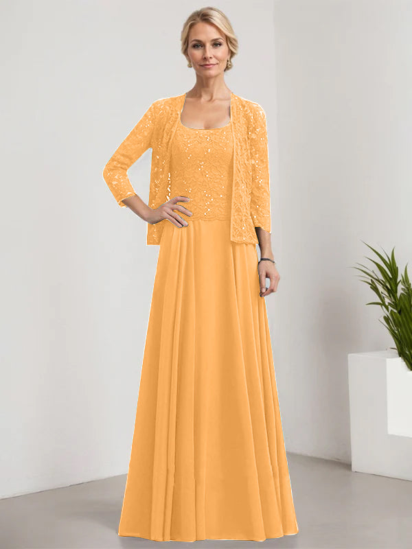 Vestido de corte A, cuadrado, largo hasta el suelo, de encaje y gasa con lentejuelas para la madre de la novia 