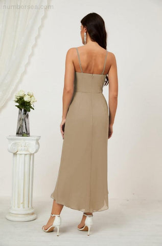 Vestido de dama de honor de gasa con escote en V y abertura media, vestido formal de fiesta, vestido de bienvenida 2803 