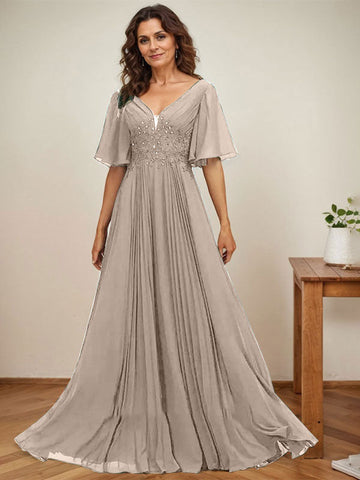 Vestido de corte A, escote en V, largo hasta el suelo, de gasa, para la madre de la novia, con apliques de lentejuelas y encaje plisado. 
