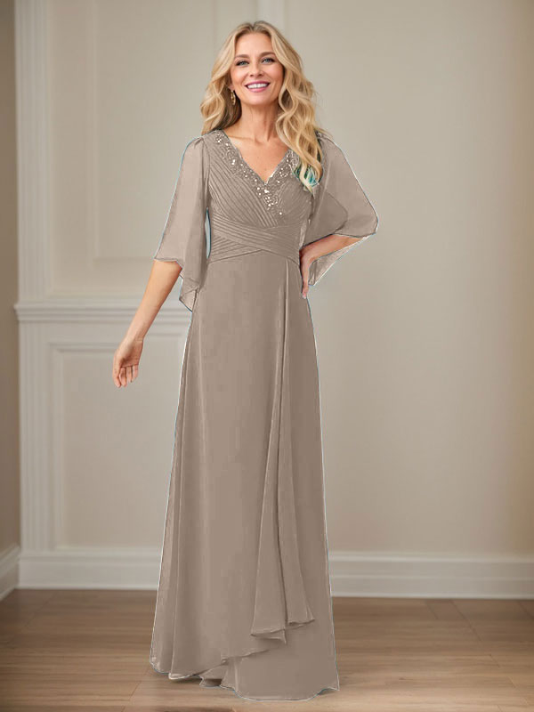 Vestido de mamá largo de gasa con lentejuelas, escote en V y corte en A