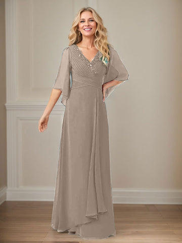 A-Line V-Neck Long Sequins Chiffon Mother Dress