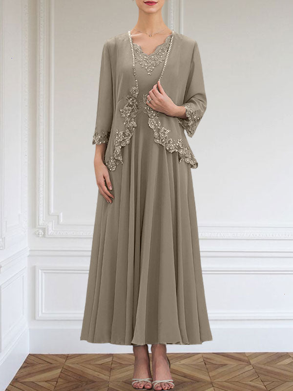 Vestido de corte A, escote en V, largo hasta el tobillo, de gasa, para la madre de la novia, con apliques de lentejuelas, encaje y pedrería.