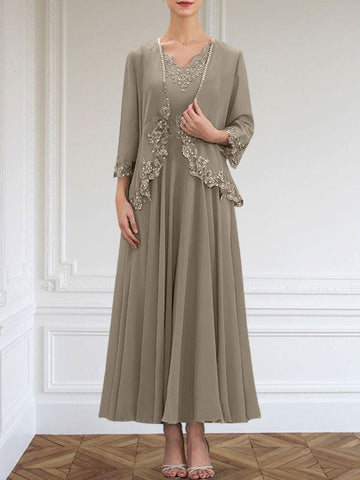 A-line V-Neck Ankle-Length Chiffon Mother of the Bride Dress With Sequins Appliques Lace Beading