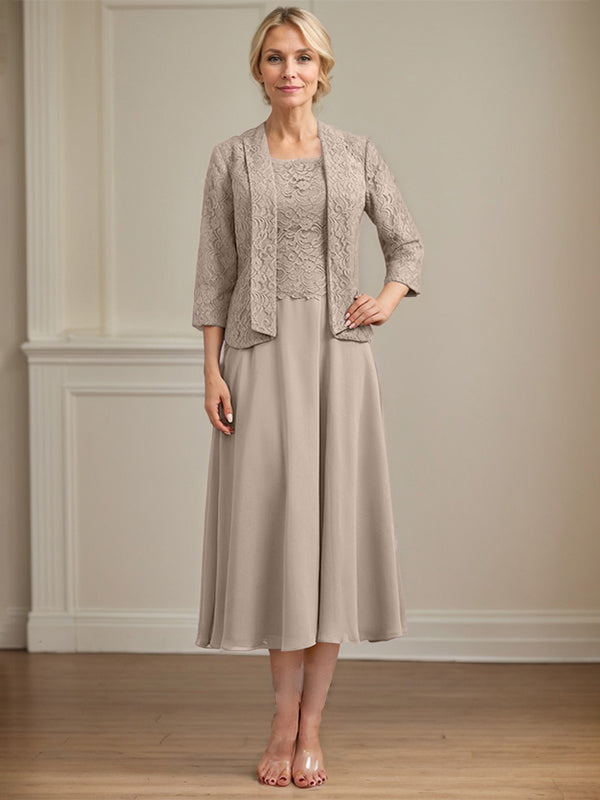 Vestido de corte A con escote redondo y largo hasta la rodilla en gasa de encaje para la madre de la novia 