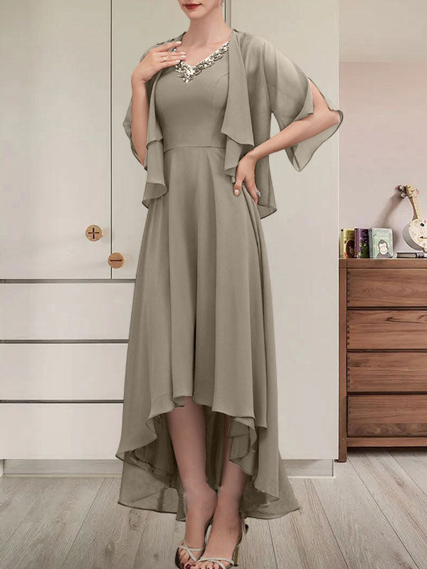 Vestido de corte A, escote en V, asimétrico, de gasa, para la madre de la novia, con lentejuelas y pedrería.