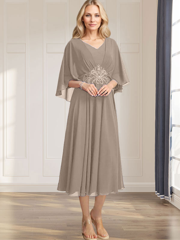 Vestido de corte A, escote en V, largo té, de gasa, para la madre de la novia, con apliques de lentejuelas plisadas, encaje y cuentas. 